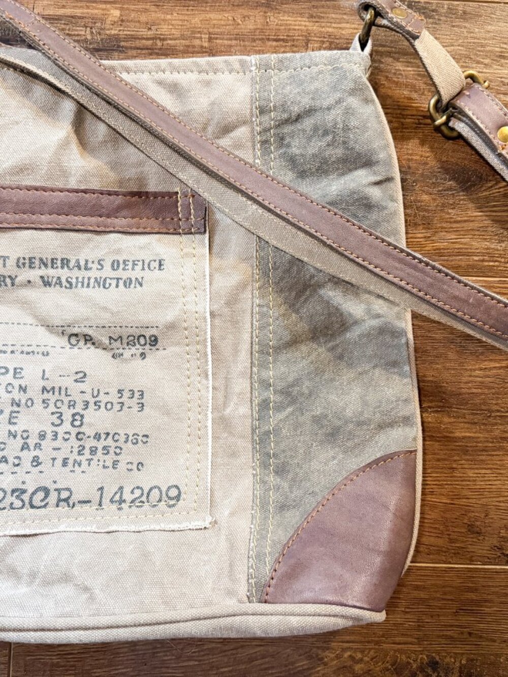 Mona B “Identified” Upcycled Canvas Crossbody Bag Vegan Leather Distressed - Picture 3 of 10